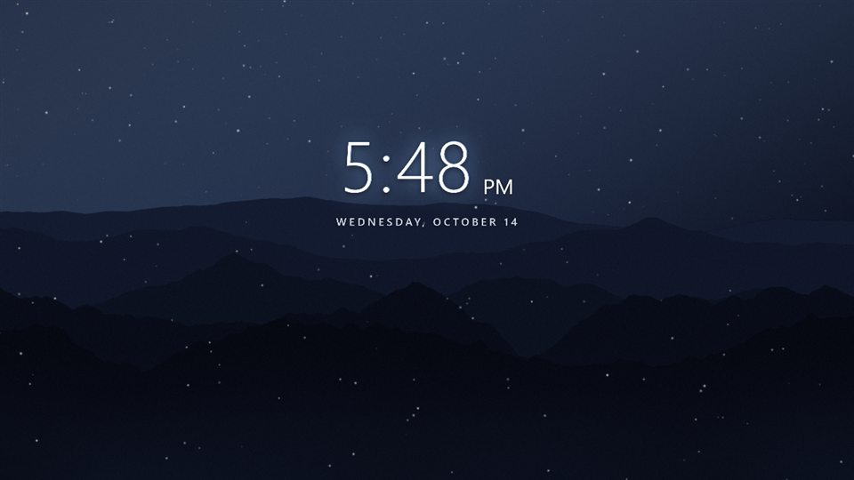 Snowy night: dark mountains under slow snow with a soft clock