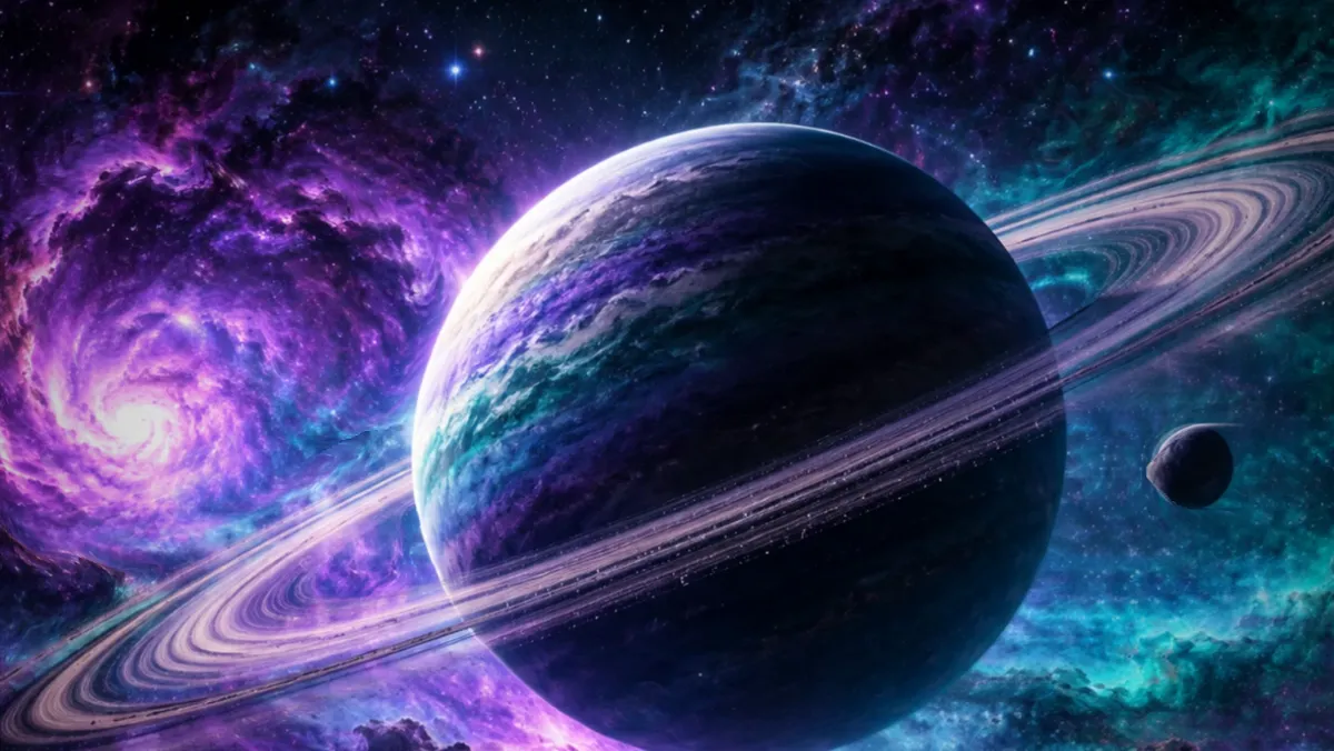 A wallpaper painted with Mural Pro: a ringed planet in front of a purple galaxy