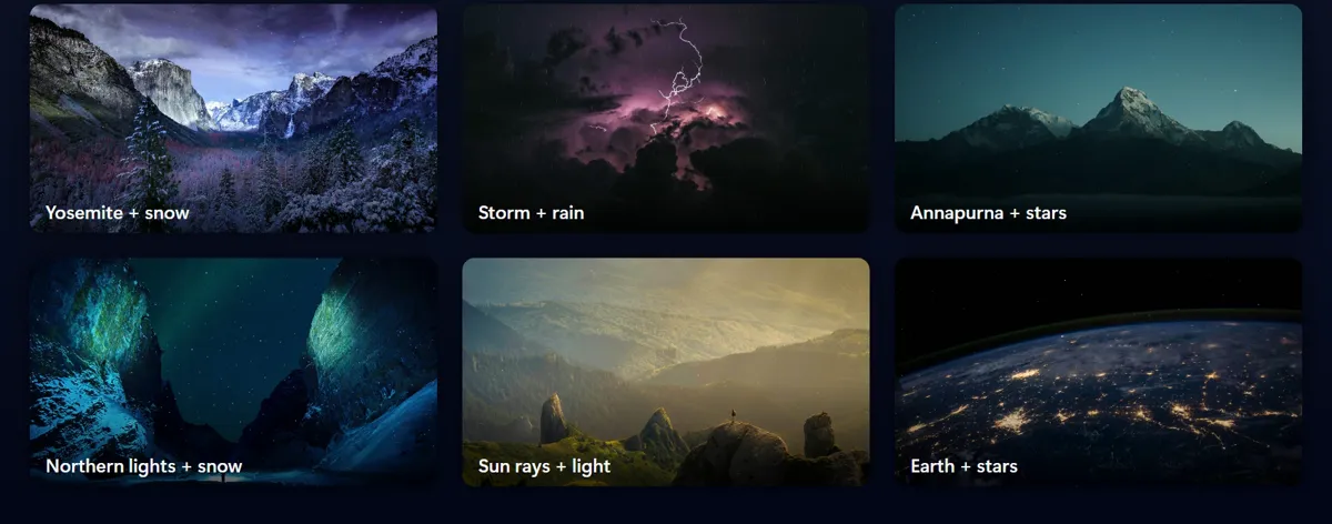 Six photos with different effects: Yosemite with snow, a storm with rain, Annapurna with stars, northern lights with snow, sun rays with light, and Earth with stars