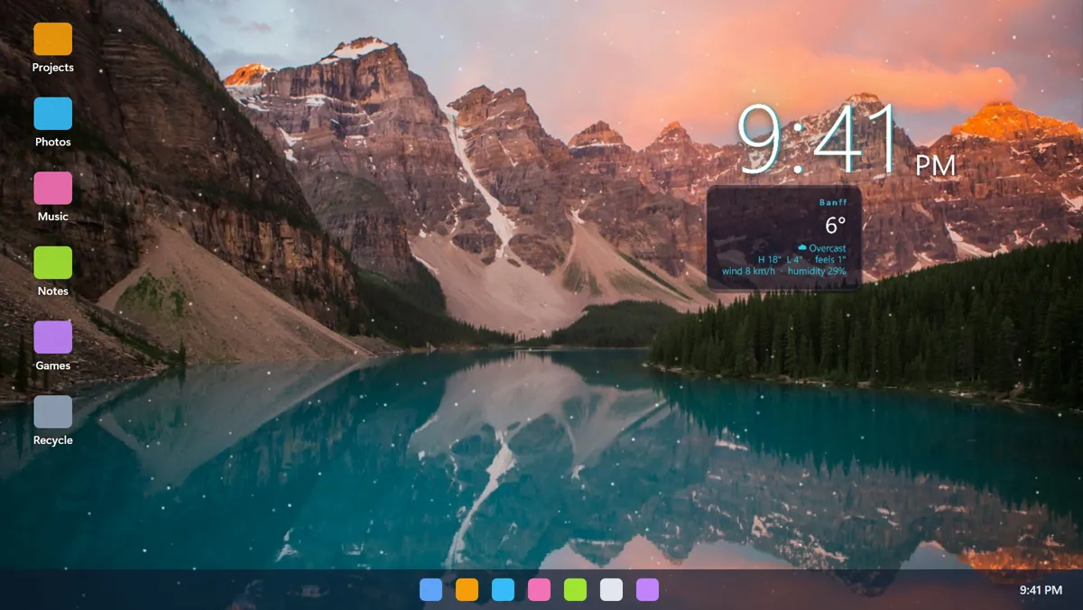 The finished wallpaper on a Windows desktop: the lake with snow, a large clock and a weather card, with desktop icons on the left and the taskbar below