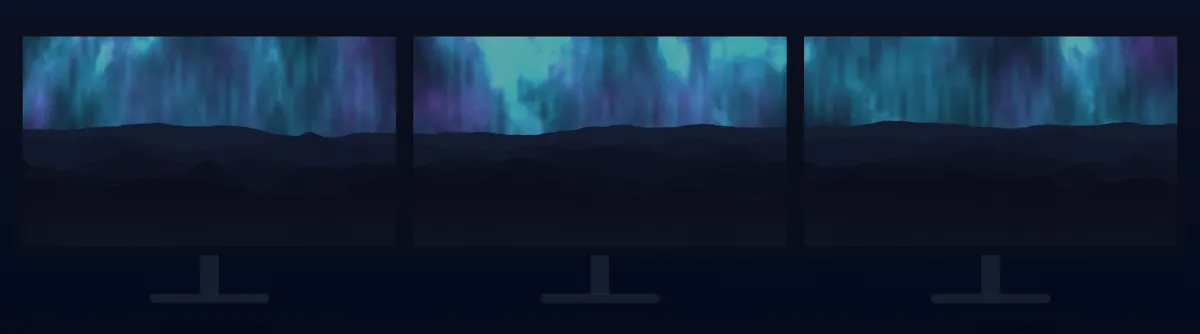 Three monitors side by side showing one aurora wallpaper