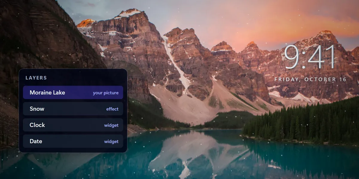 A photo of Moraine Lake with falling snow, a clock and the date, with its layer list: Moraine Lake (your picture), Snow (effect), Clock and Date (widgets)