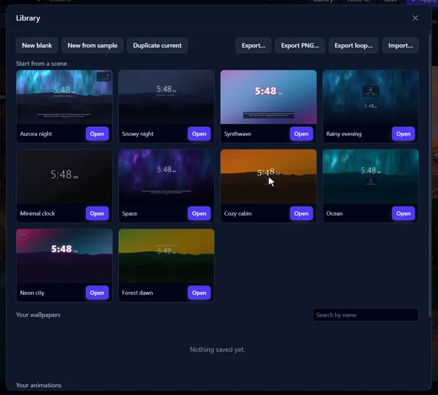 The Mural Live library with ten ready-made scenes: Aurora night, Snowy night, Synthwave, Rainy evening, Minimal clock, Space, Cozy cabin, Ocean, Neon city and Forest dawn