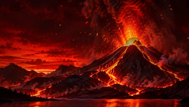 AI-painted wallpaper: an erupting volcano reflected in a lake