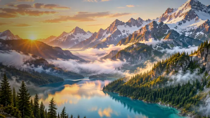 AI-painted wallpaper: a turquoise lake below snowy peaks at sunrise