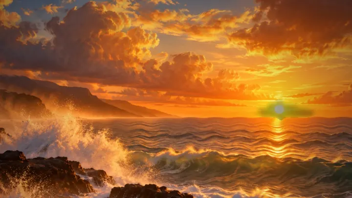AI-painted wallpaper: waves breaking on rocks at sunset